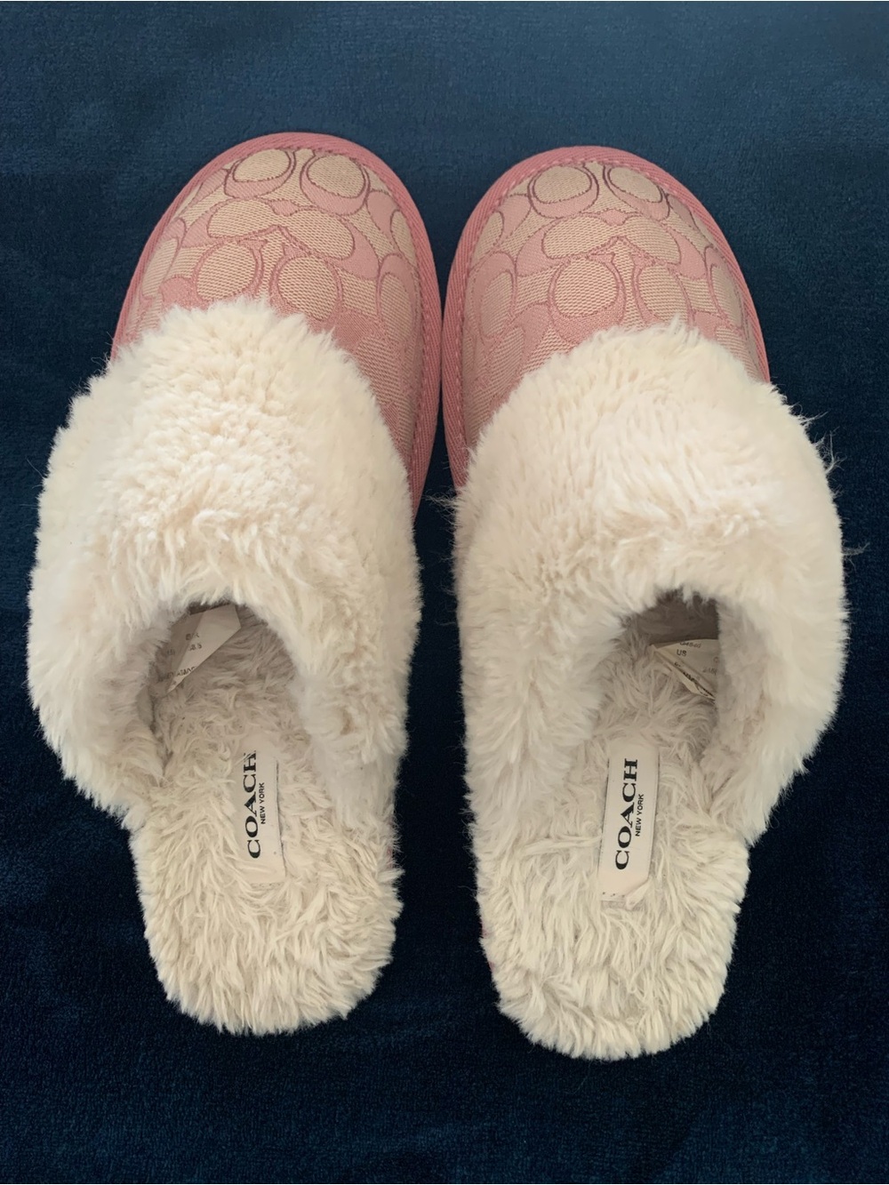 Coach Pink Logo Faux-Fur Slip-On Slippers